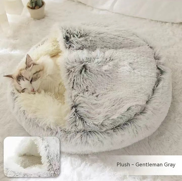 2 In 1 Dog & Cat, Pet Winter Round Plush Warm Bed Groovepets