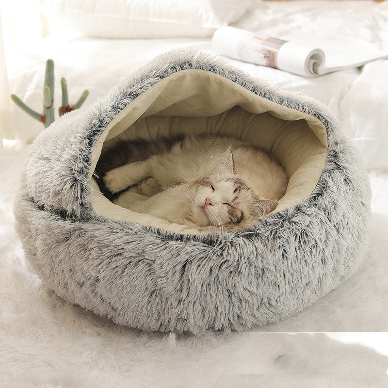 2 In 1 Dog & Cat, Pet Winter Round Plush Warm Bed Groovepets