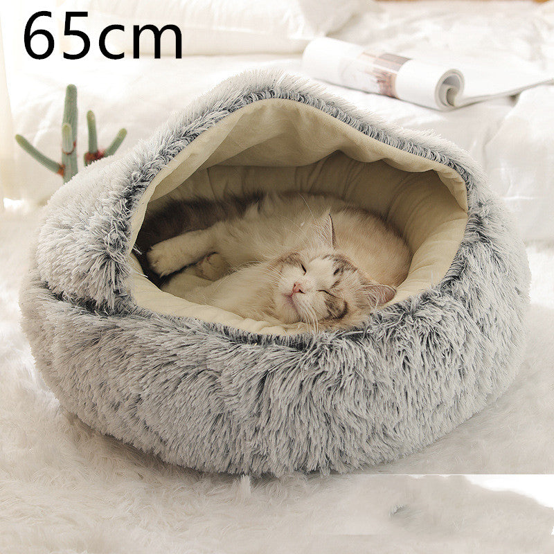 2 In 1 Dog & Cat, Pet Winter Round Plush Warm Bed Groovepets