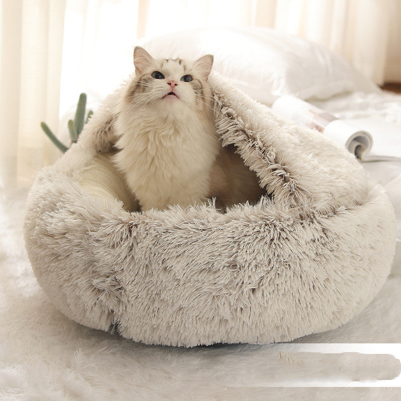 2 In 1 Dog & Cat, Pet Winter Round Plush Warm Bed Groovepets