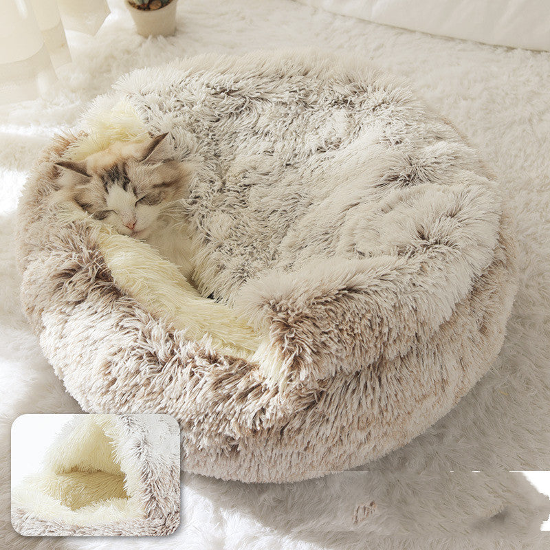 2 In 1 Dog & Cat, Pet Winter Round Plush Warm Bed Groovepets