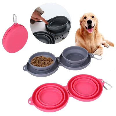 Rubber Foldable Double Bowl Pet Feeding  Supplies Groovepets