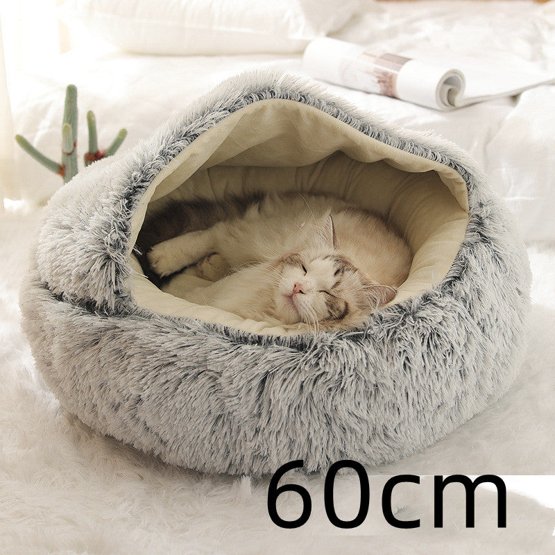 2 In 1 Dog & Cat, Pet Winter Round Plush Warm Bed Groovepets