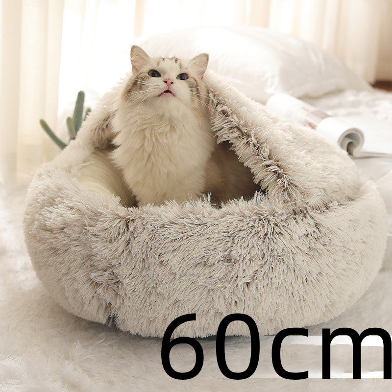 2 In 1 Dog & Cat, Pet Winter Round Plush Warm Bed Groovepets