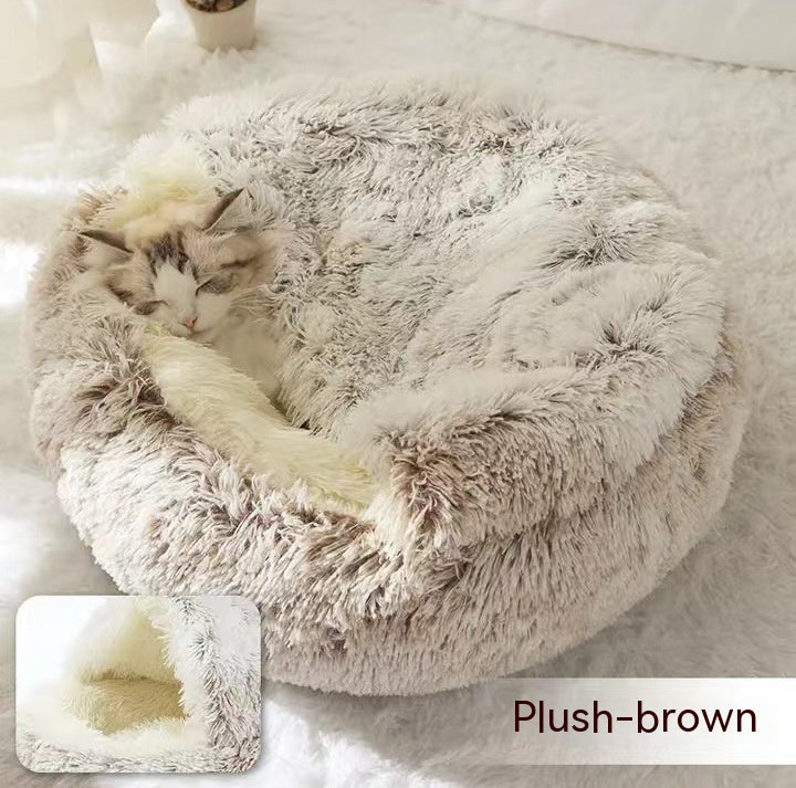 2 In 1 Dog & Cat, Pet Winter Round Plush Warm Bed Groovepets